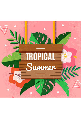 做旧热带夏季木牌和花卉矢量图