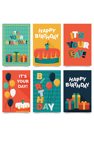 6款卡通生日礼盒和气球卡片矢量素材