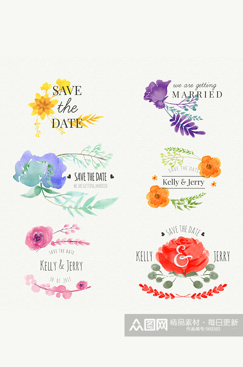 6款水彩绘花卉婚礼标签矢量图素材