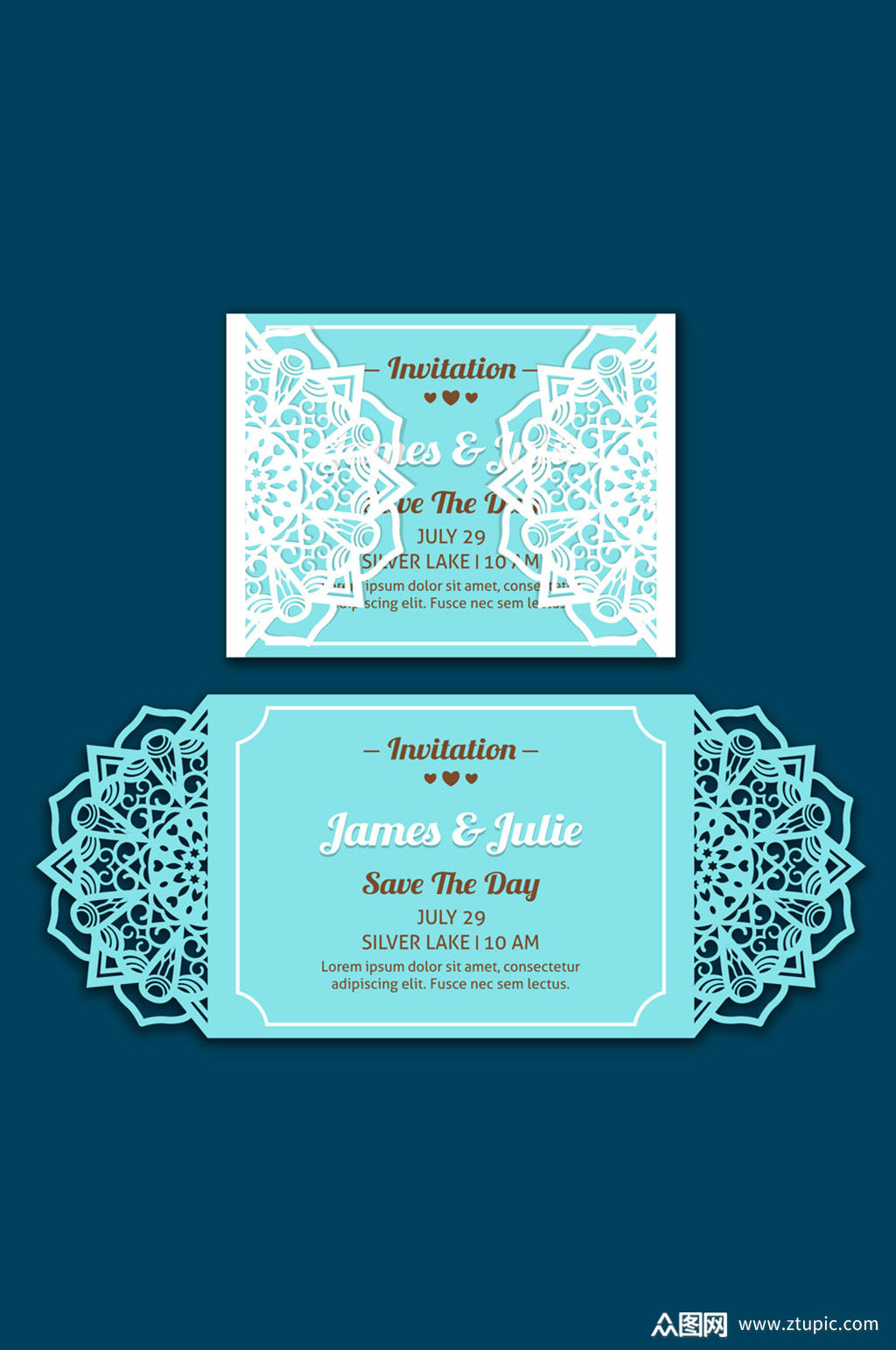 蓝色蕾丝花边婚礼邀请卡矢量素材模板下载-编号569385-众图网