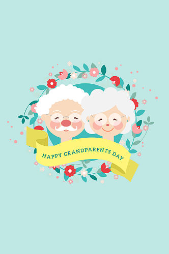 可爱祖父母节白发老人和花环矢量图