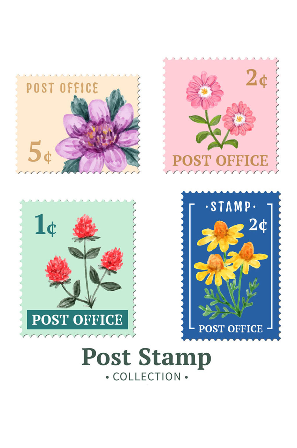 4款彩绘花卉邮票设计矢量素材