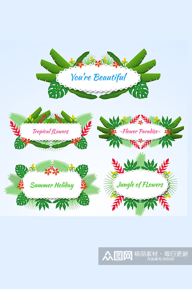 5款彩色热带花草装饰语言标签矢量图素材