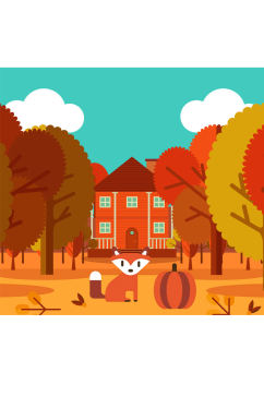 秋季树林里的房屋和狐狸矢量素材