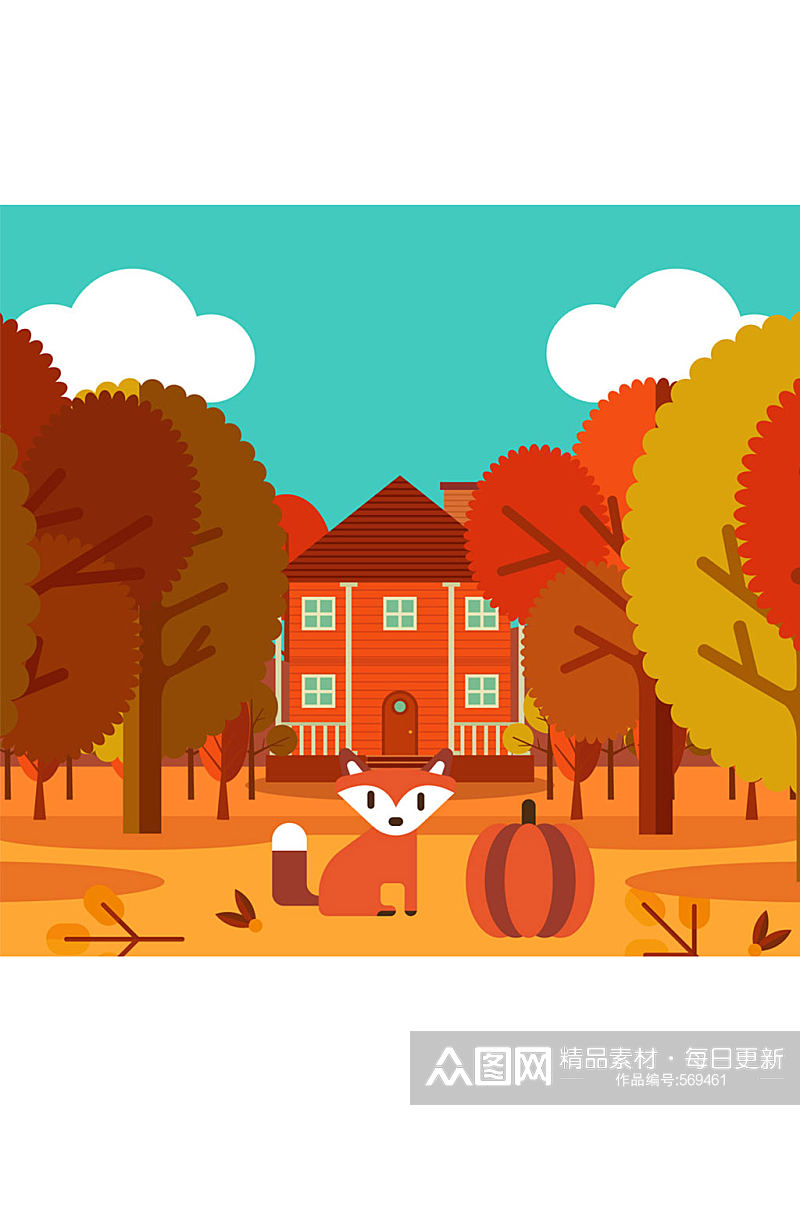 秋季树林里的房屋和狐狸矢量素材素材