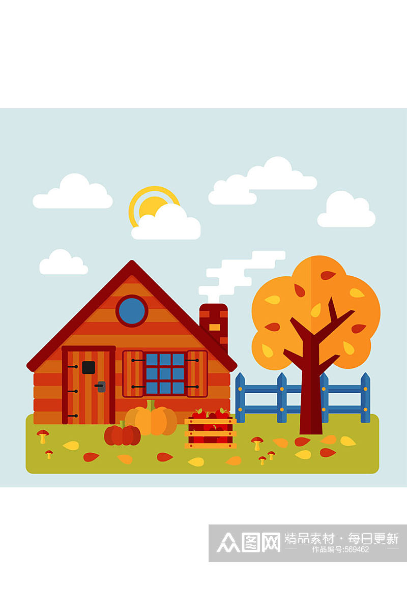 创意秋季小木屋和树木风景矢量图素材