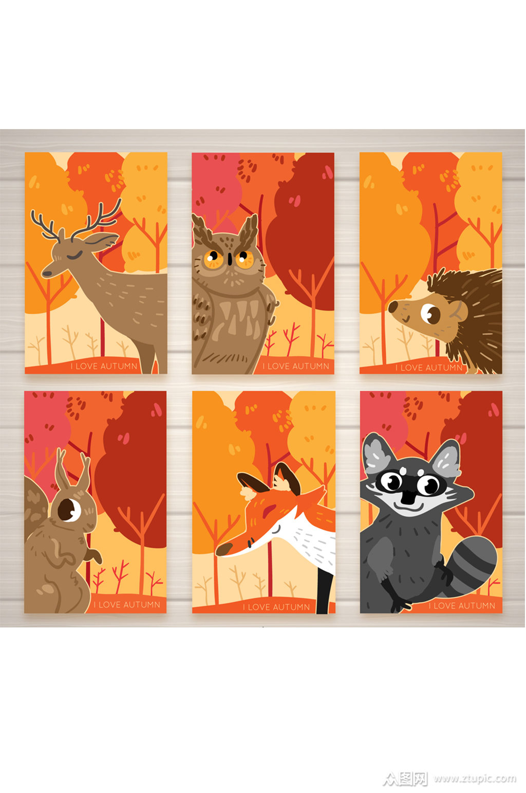6款秋季森林动物卡片矢量素材
