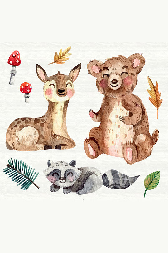 3款水彩绘微笑森林动物矢量素材