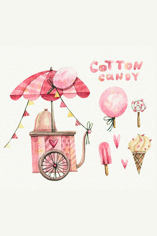 水彩绘粉色棉花糖车和4款甜品矢量图
