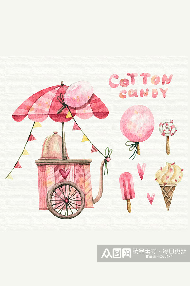 水彩绘粉色棉花糖车和4款甜品矢量图素材