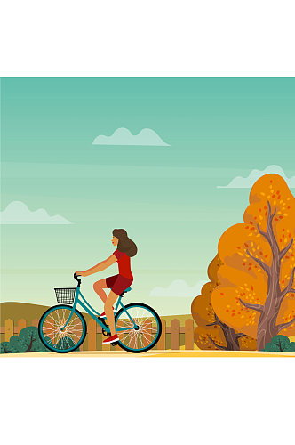 创意秋季郊外骑单车的女子矢量素材