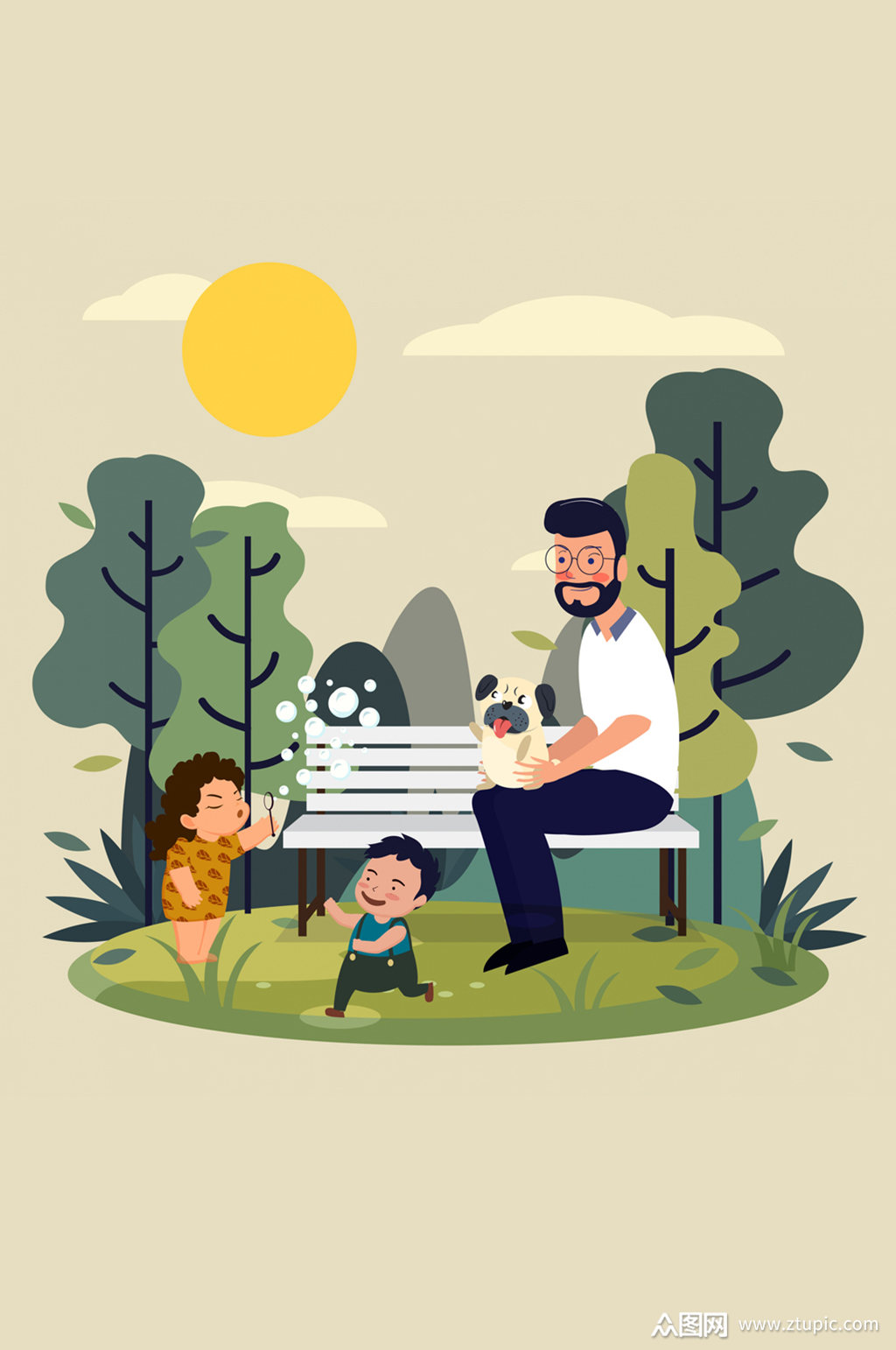 创意公园玩耍的家庭人物矢量素材
