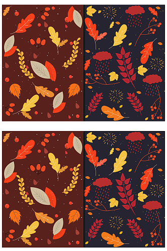 2款彩色秋季树叶无缝背景矢量图