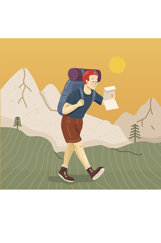 创意边走边看地图的背包客矢量图