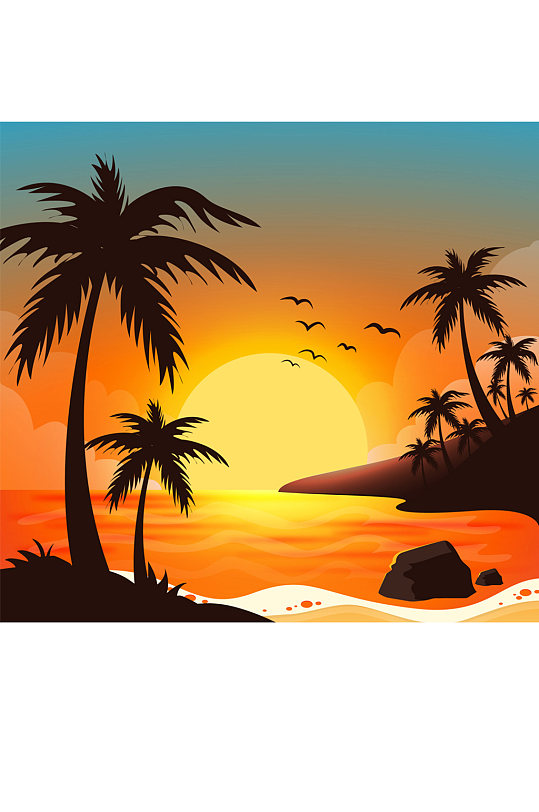 创意夕阳大海岛屿风景矢量图