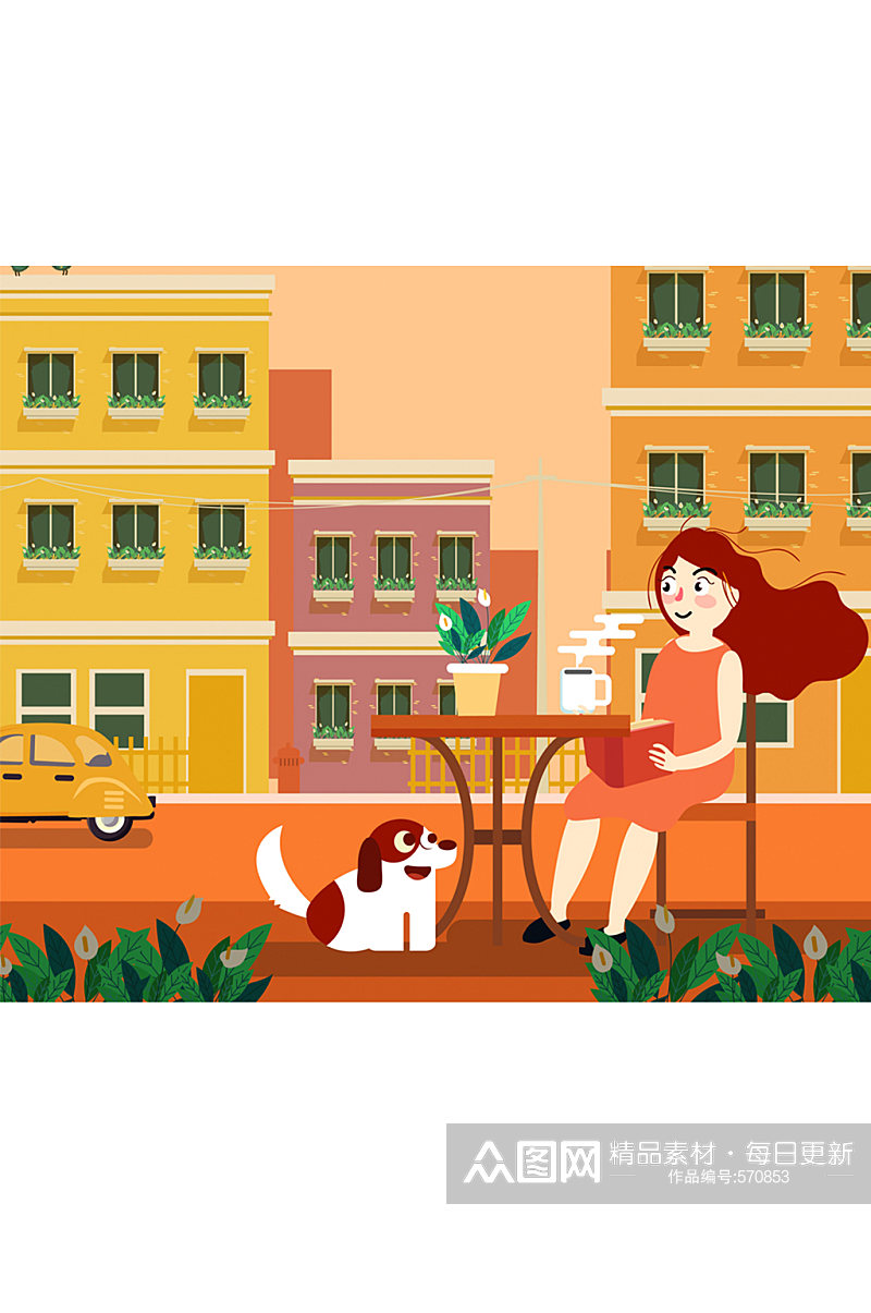 创意喝茶的女子和宠物狗矢量图素材