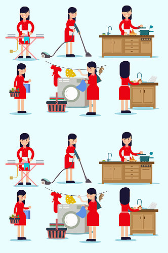 6款创意做家务活的女子场景矢量图