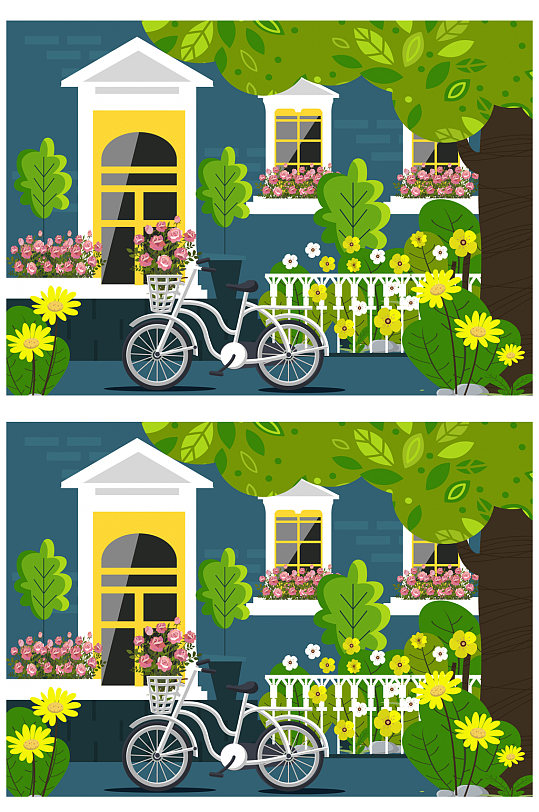 美丽房屋花园单车风景矢量图