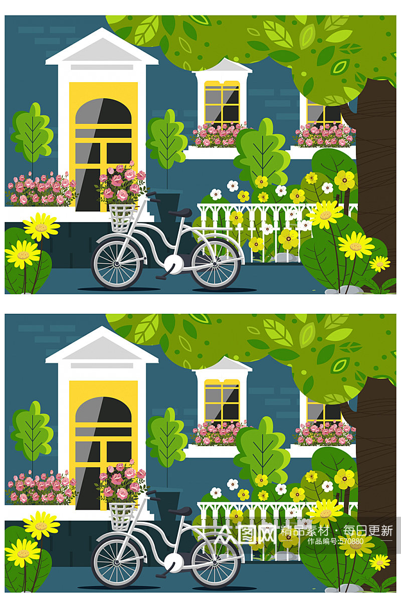 美丽房屋花园单车风景矢量图素材