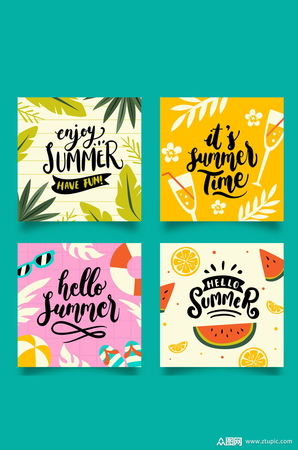 4款彩色正方形夏季卡片矢量素材