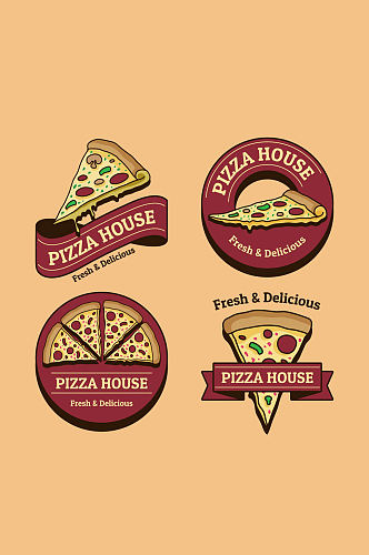 4款手绘复古披萨屋标签矢量素材