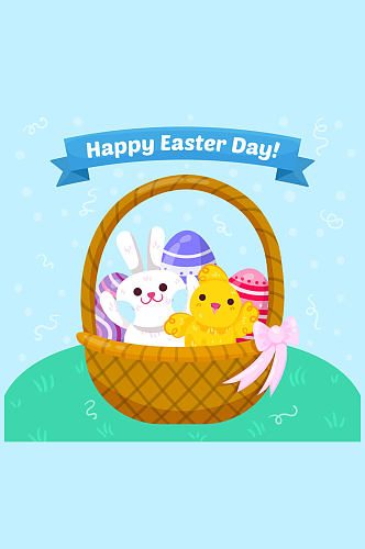 创意复活节篮子里的兔子和鸡仔矢量图