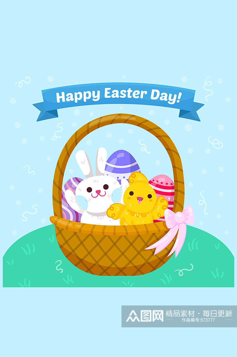 创意复活节篮子里的兔子和鸡仔矢量图素材