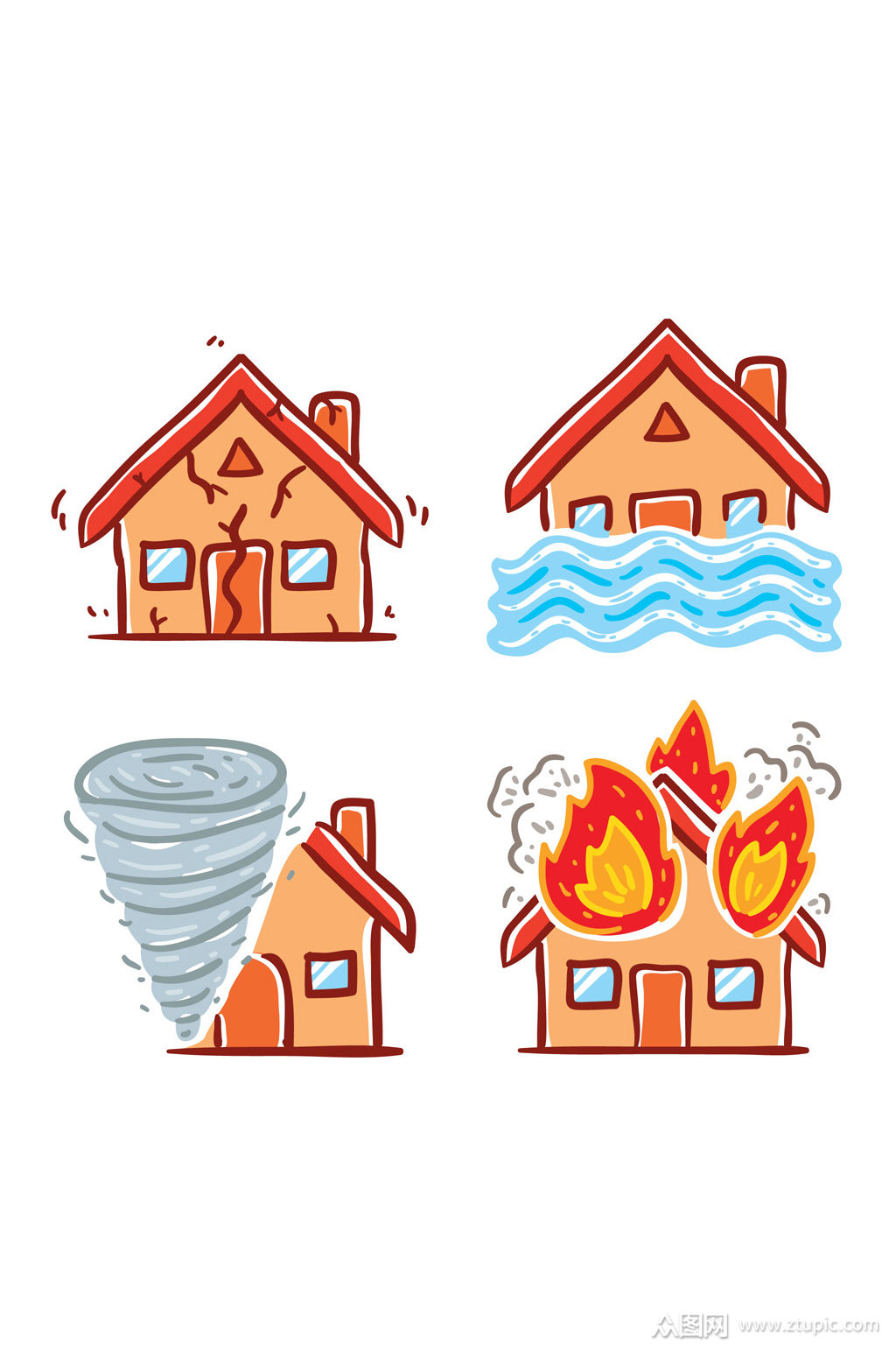 4款创意自然灾害中的房屋矢量素材