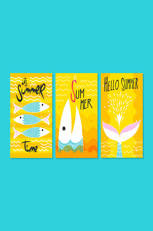 3款彩绘夏季鱼卡片矢量素材