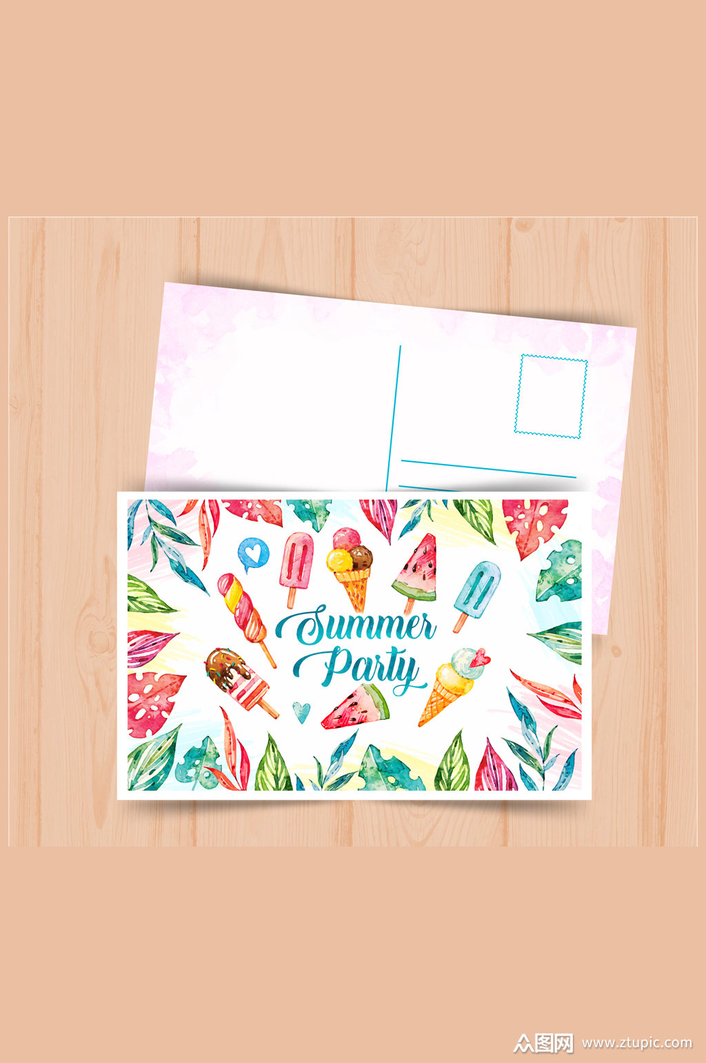 彩绘冰淇淋夏季明信片格式矢量素材