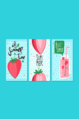 3款彩绘夏季草莓卡片矢量素材
