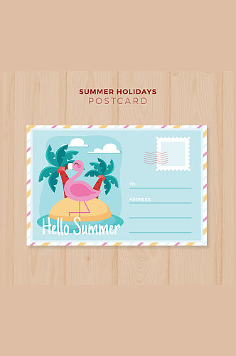 创意火烈鸟夏季假期明信片格式矢量图