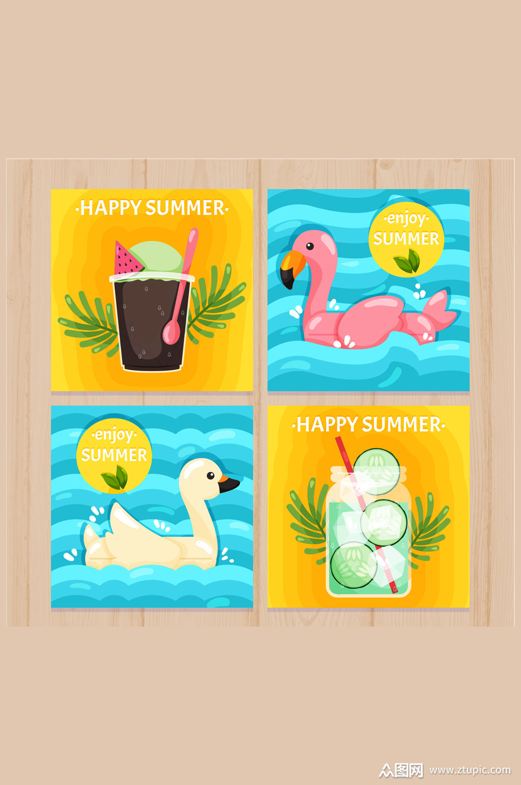 4款彩色夏季假期卡片矢量素材
