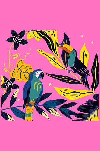 彩绘热带鹦鹉和大嘴鸟矢量图