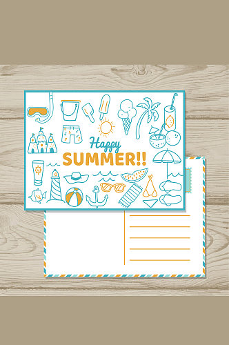 蓝色夏季元素明信片格式矢量图
