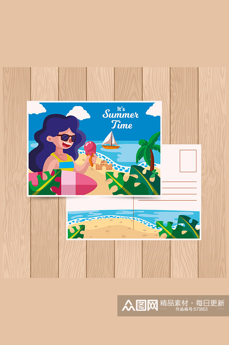 时尚海边度假女子明信片格式矢量图素材
