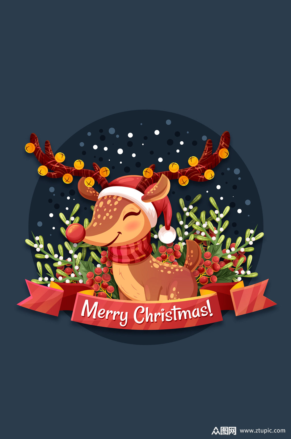 卡通圣诞节微笑驯鹿矢量素材