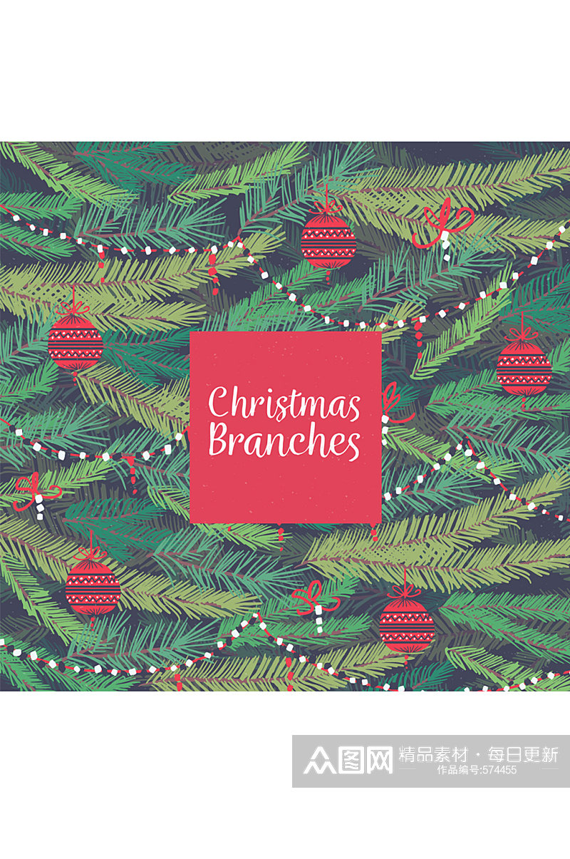 彩绘挂满装饰物的圣诞树枝矢量图素材