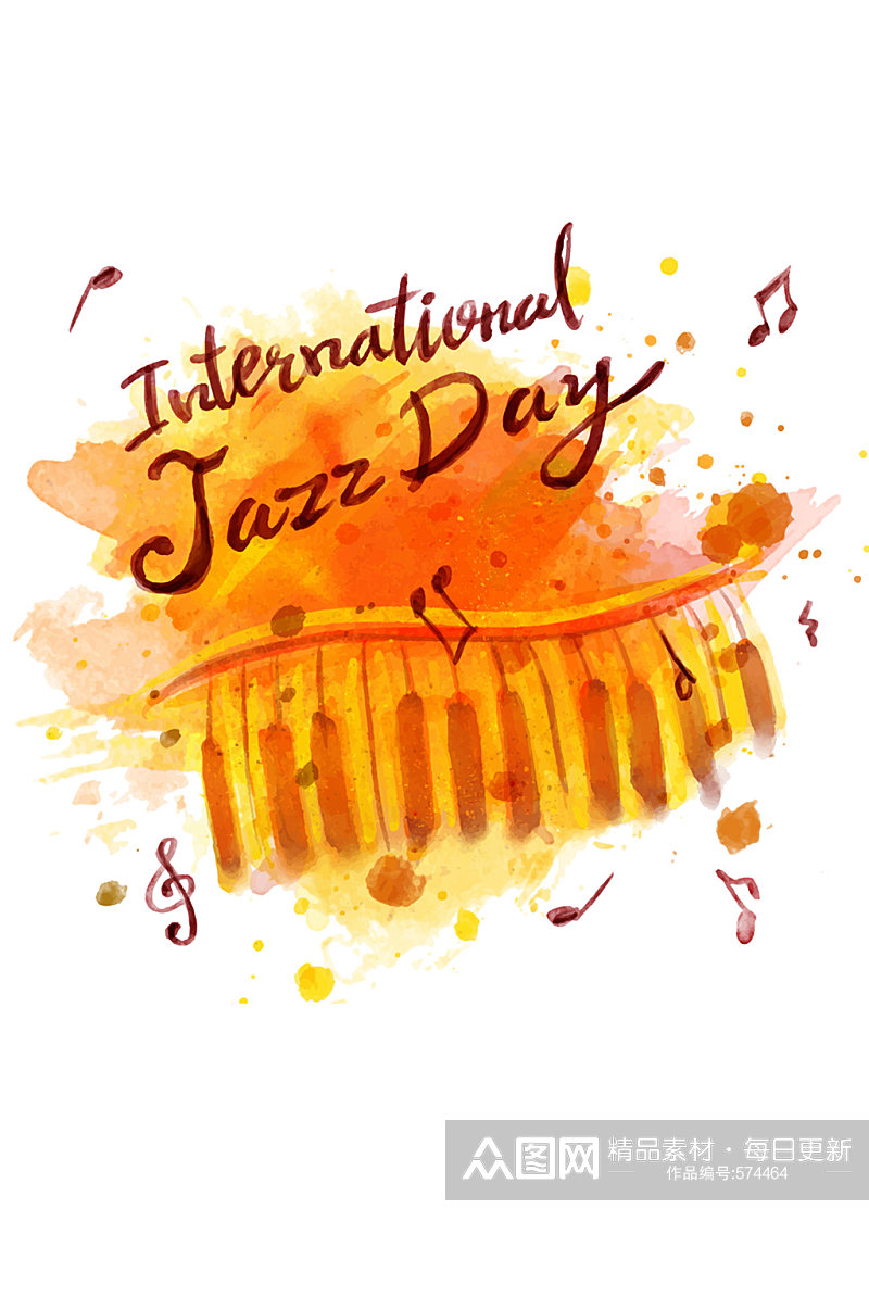 水彩绘国际爵士乐日钢琴键盘矢量素材素材