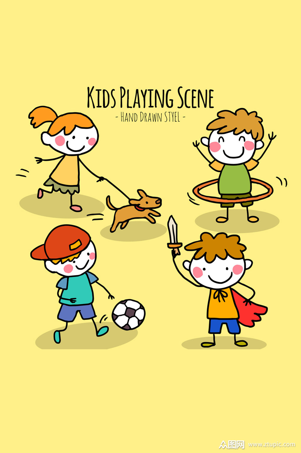4款可爱玩耍儿童设计矢量素材