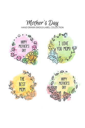4款彩绘母亲节标签和徽章矢量图