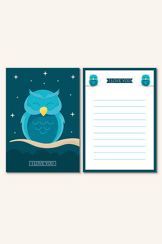可爱蓝色猫头鹰信纸矢量素材