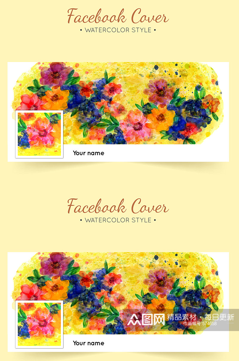 水彩绘花卉脸书封面图片矢量图素材