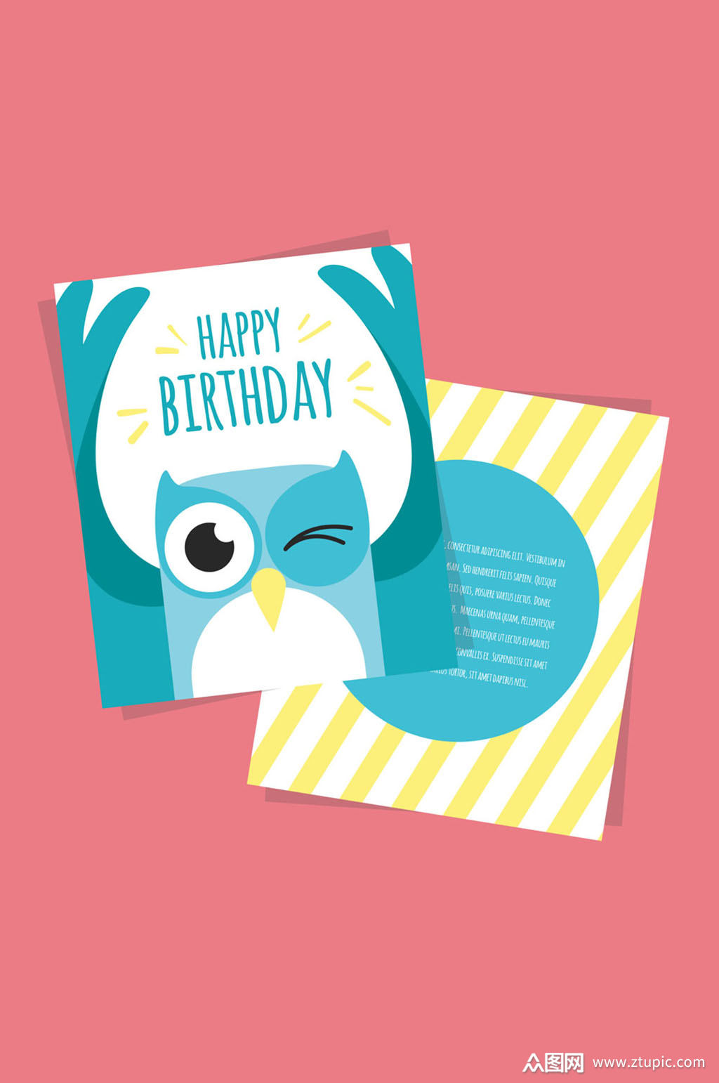 蓝色猫头鹰生日祝福卡矢量素材