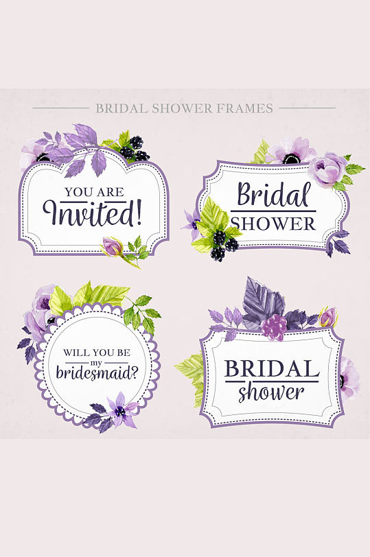 4款紫色水彩绘新娘送礼会标签矢量图