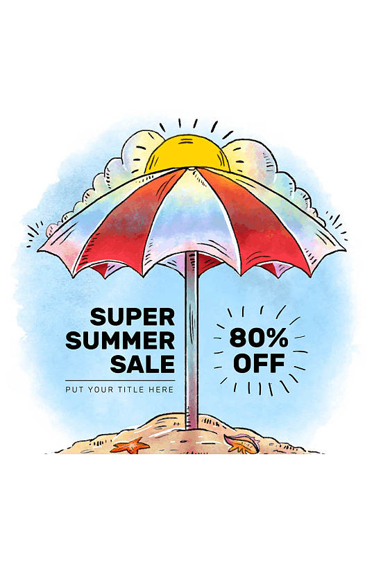 彩绘沙滩遮阳伞夏季促销海报矢量图