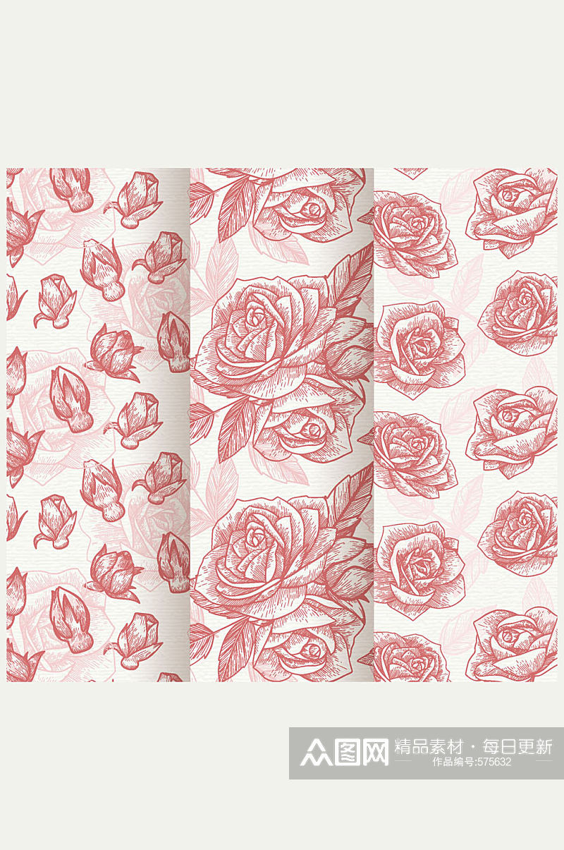 3款手绘红玫瑰无缝背景矢量图素材