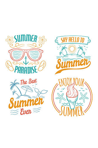 4款彩绘夏日假期艺术字矢量图