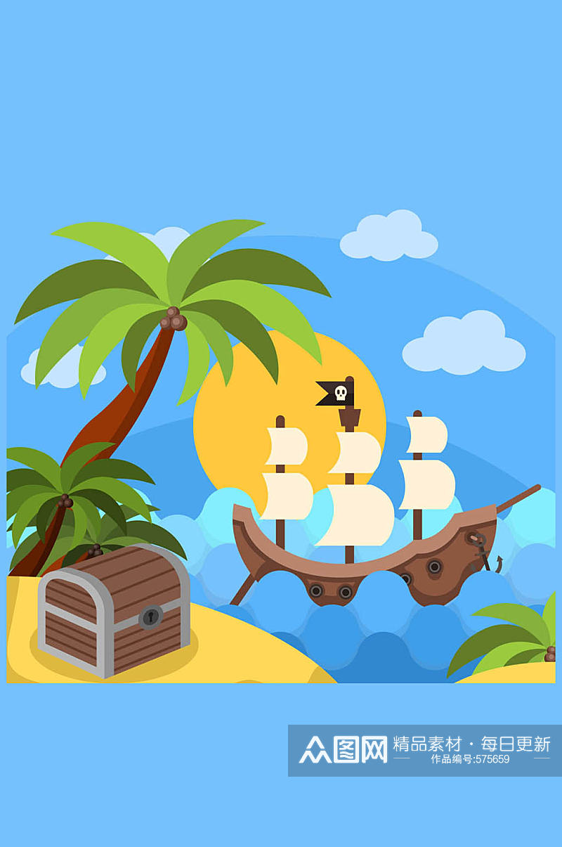 创意海盗船和宝箱插画矢量素材素材