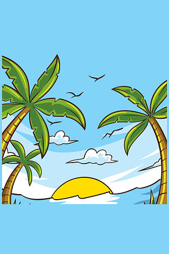 彩绘沙滩椰树风景矢量素材